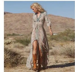 Bohemian Long Dress Sexy V-Neck Floral Print Casual Beach Boho Maxi Dresses Women