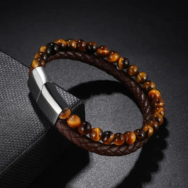 Tigers Eye Bead And Leather Bracelet, Silver Tigers Eye Bracelet, Trendy Bracelet, Men's Bracelet, Unisex Bracelet